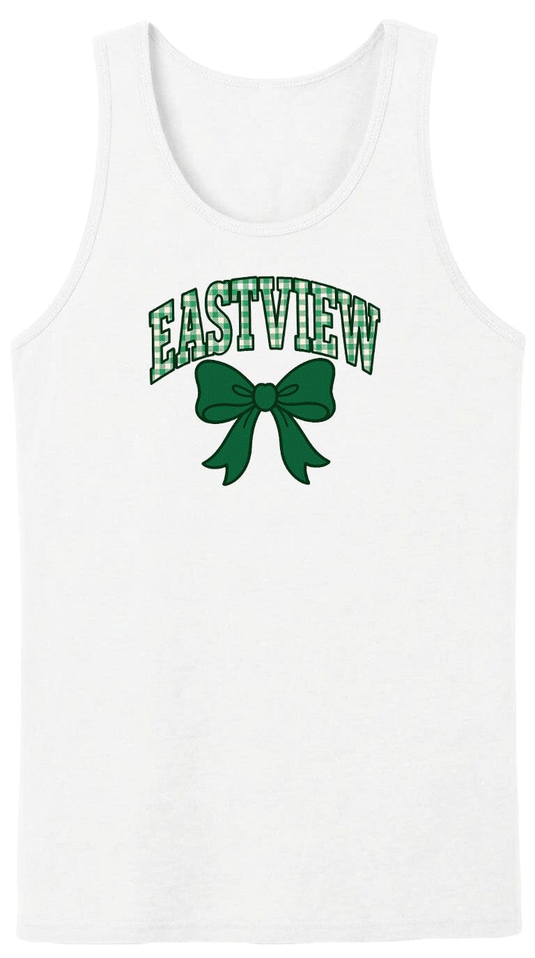 A white tank top with the text "EASTVIEW" and a green bow graphic printed on it.