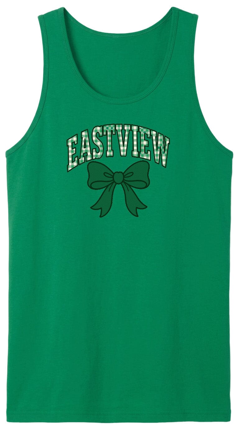 A green tank top with the word "EASTVIEW" and a bow graphic printed on it.