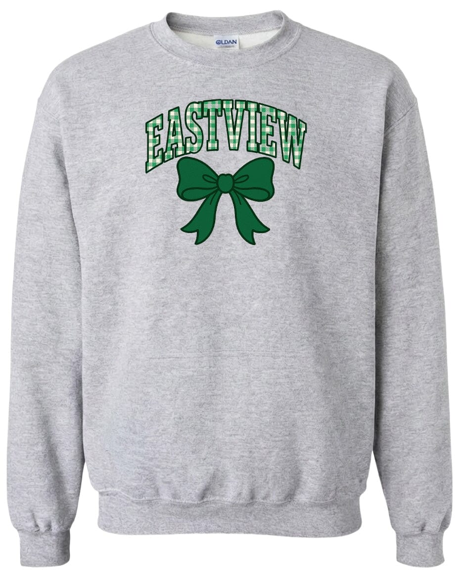 A gray sweatshirt with a green bow and the word "EASTVIEW" printed on it.