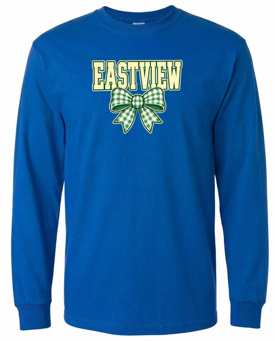 A blue long-sleeved t-shirt with a green and white checkered bow and the word "EASTVIEW" printed on it.