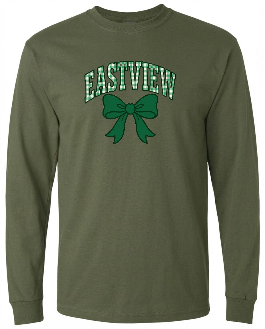 A long-sleeved olive green t-shirt with a green bow and the word "EASTVIEW" printed on it.