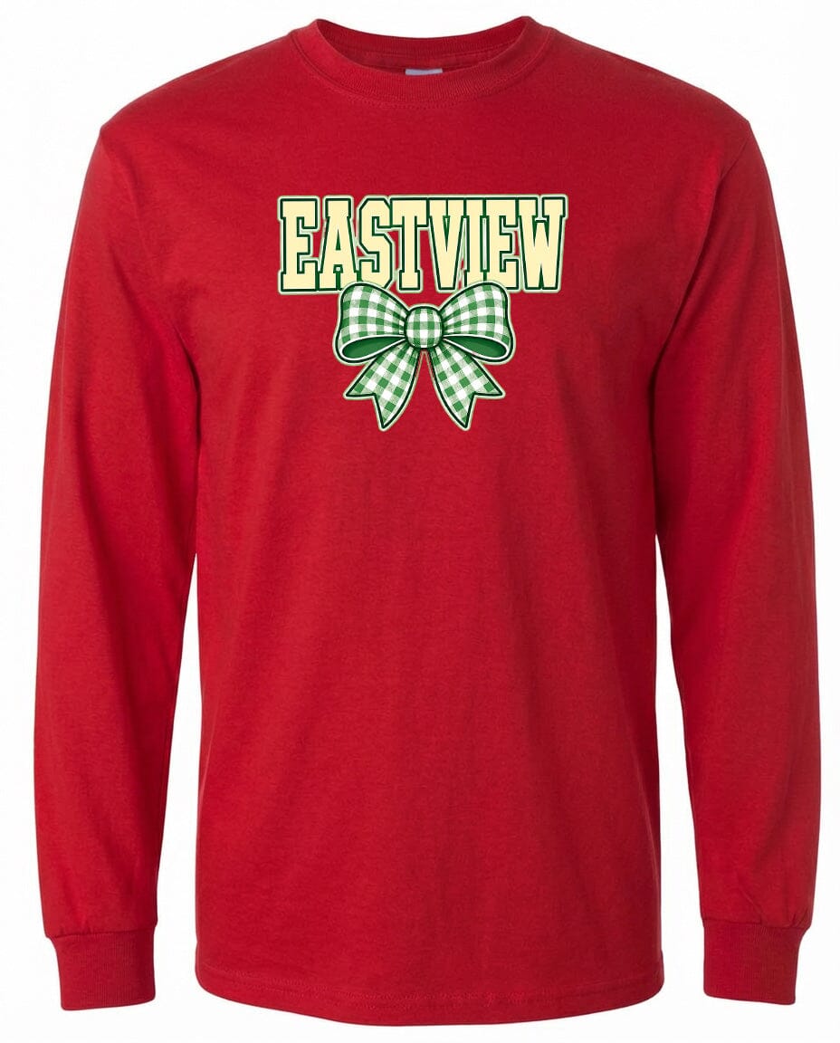 A red long-sleeved t-shirt with a green and white bow on the front.