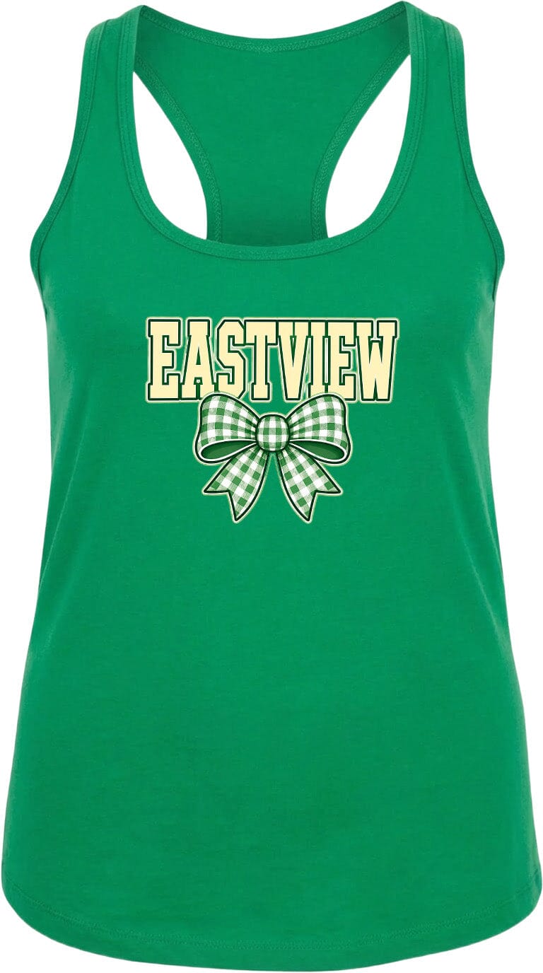 A green tank top with the word "EASTVIEW" and a bow graphic printed on it.