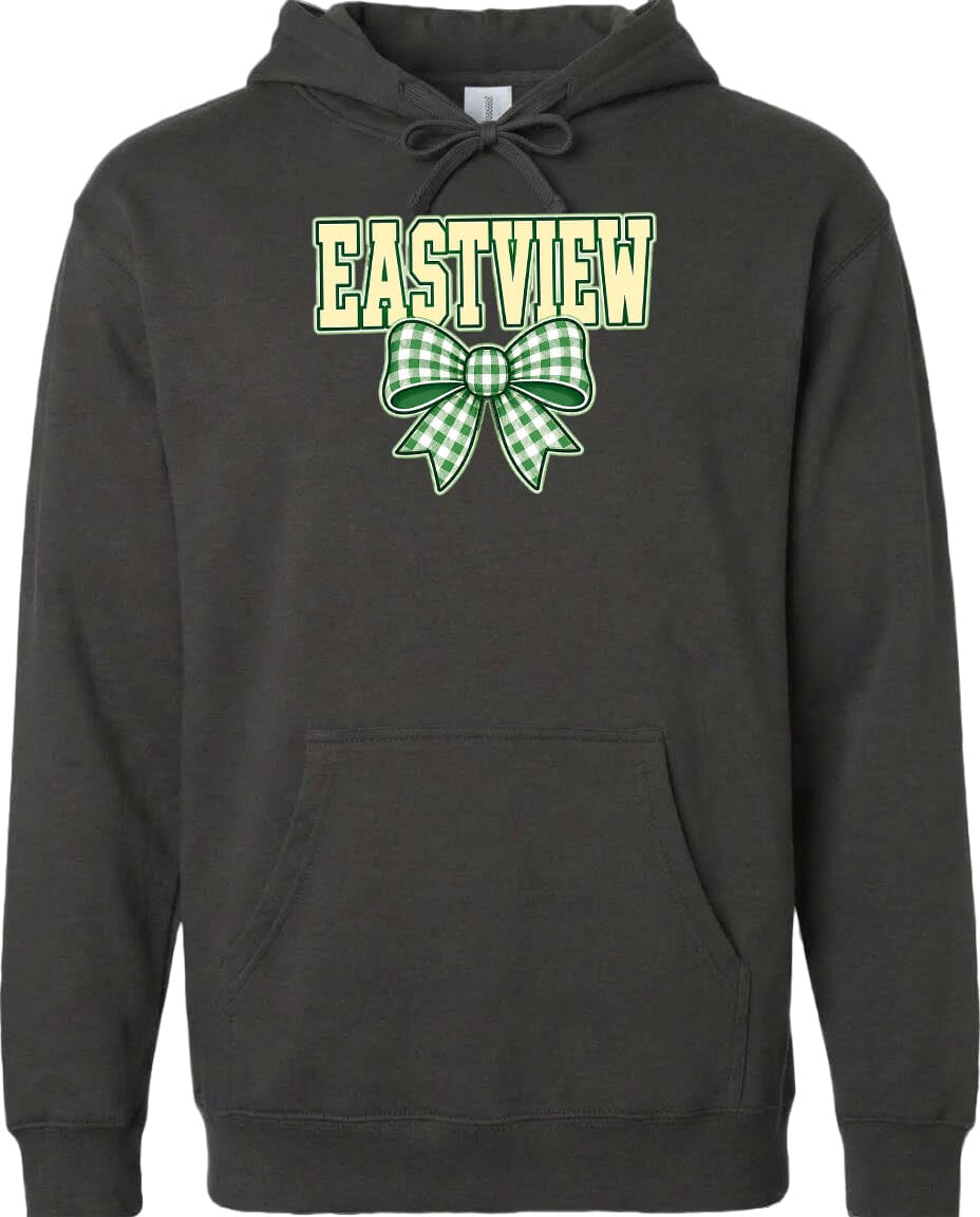 A black hoodie with a green and white bow on the front.