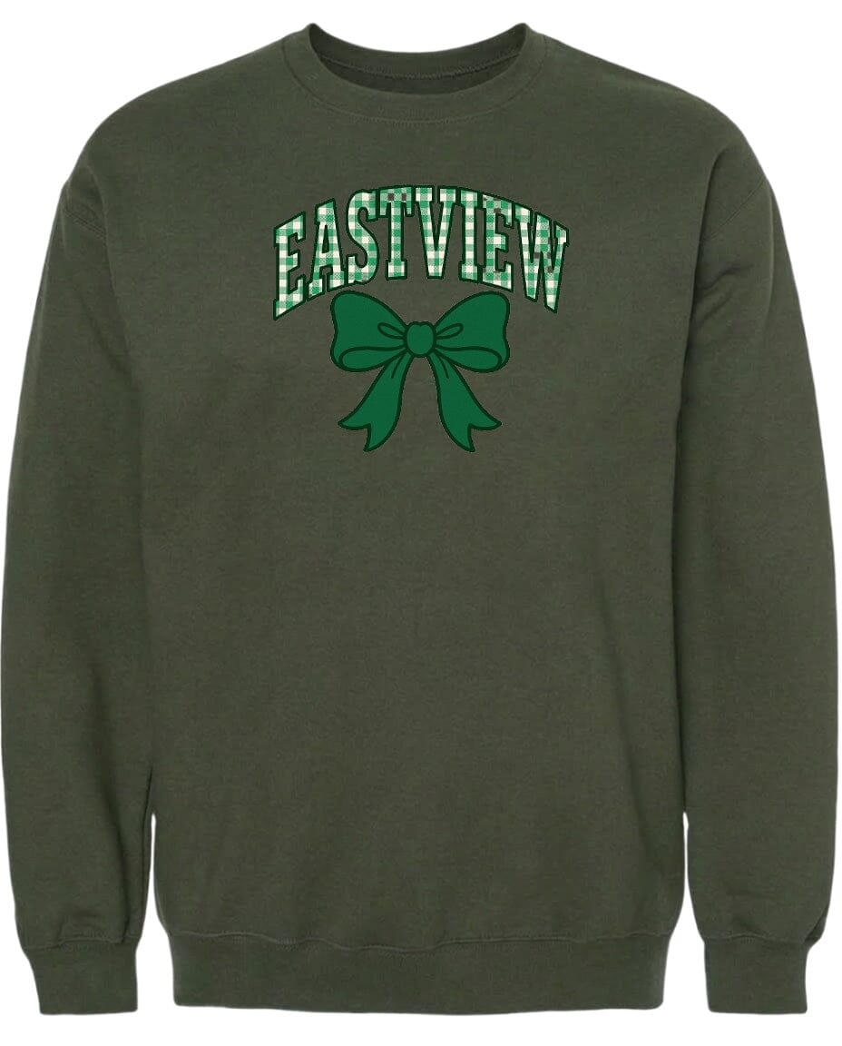 A dark green sweatshirt with a green bow and the word "EASTVIEW" printed on it.