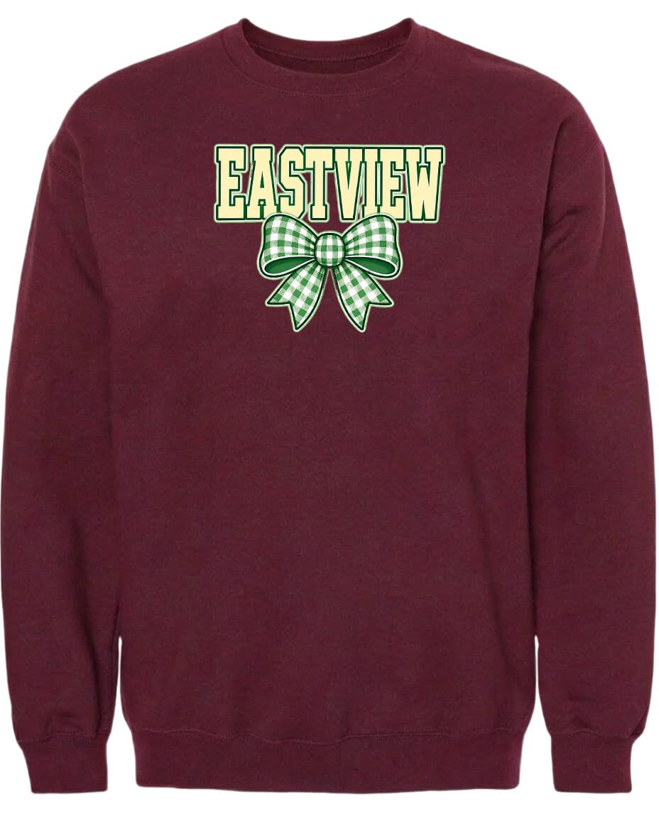 A burgundy-colored sweatshirt with a green and white checkered bow and the word "EASTVIEW" printed on it.