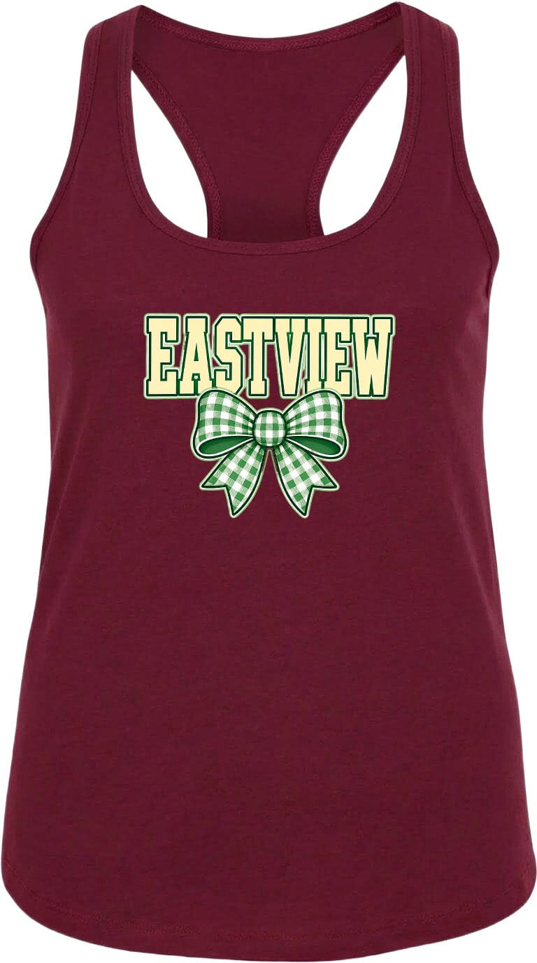 A burgundy tank top with the word "EASTVIEW" and a green bow printed on it.