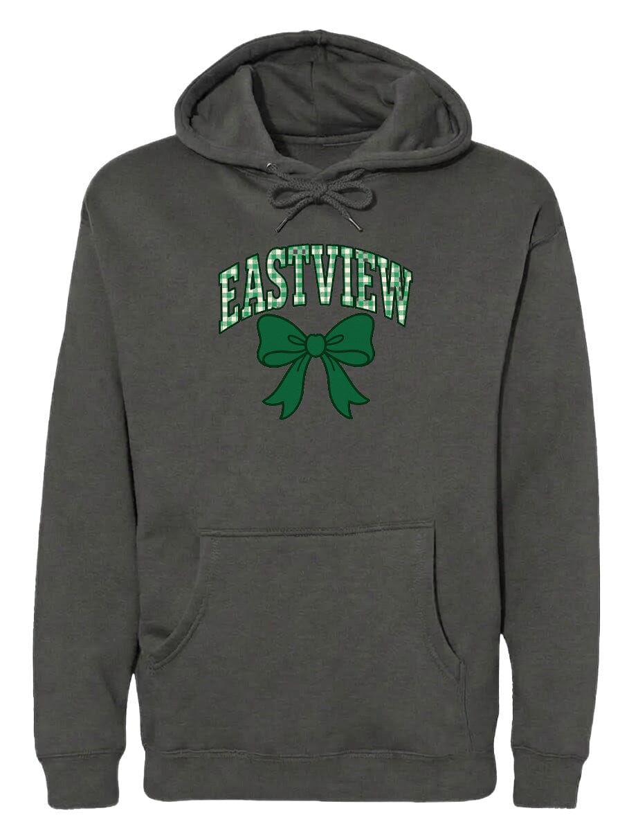 A gray hoodie with a green bow and the word "EASTVIEW" printed on it.