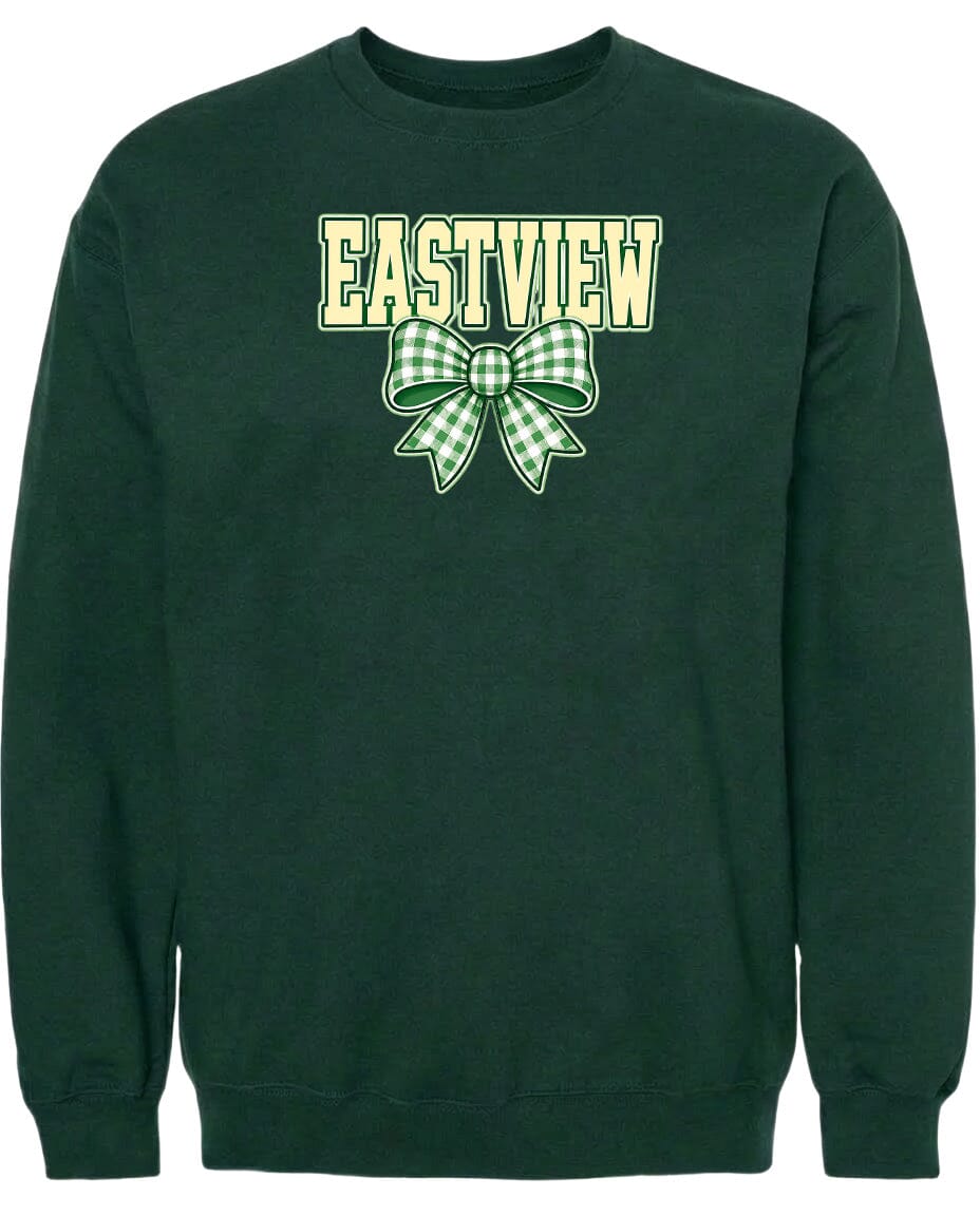 A dark green sweatshirt with a large green bow and the word "EASTVIEW" printed on it.