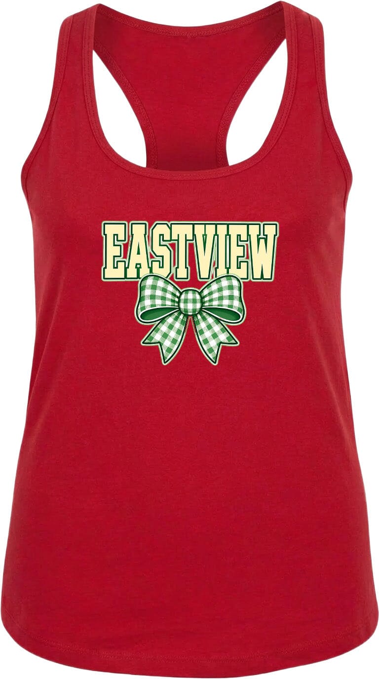 A red tank top with the word "EASTVIEW" and a green bow printed on it.