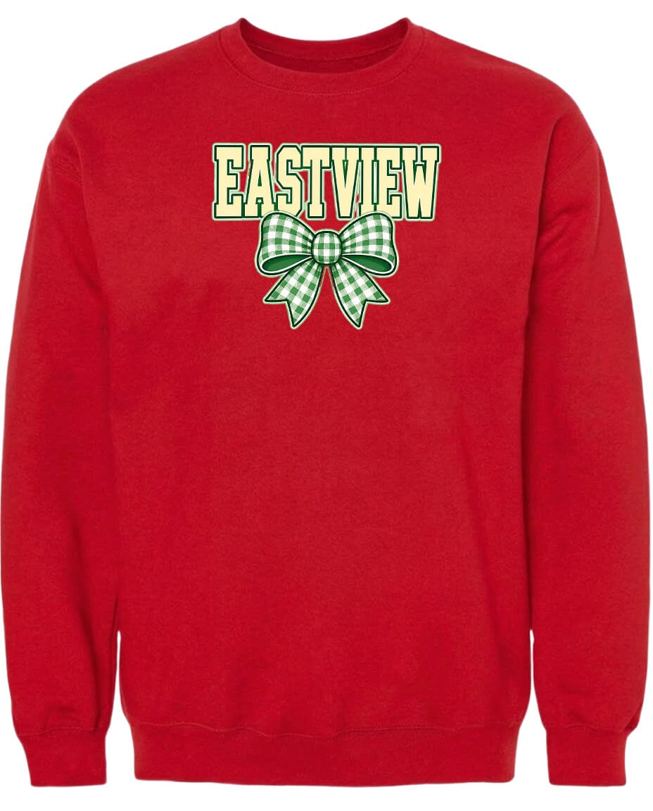 A red sweatshirt with a green and white bow on the front.