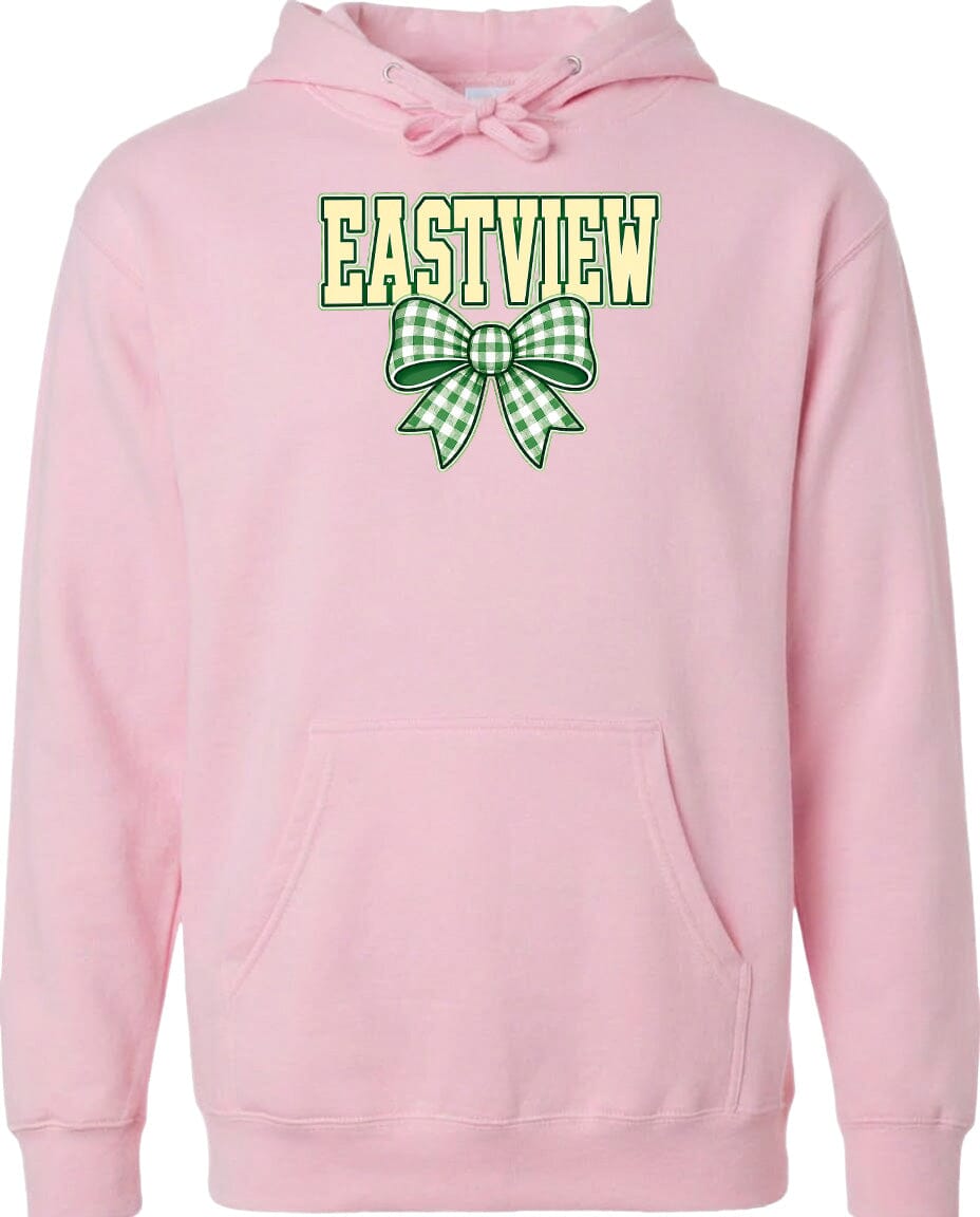 A pink hoodie with a green and white bow on the front.