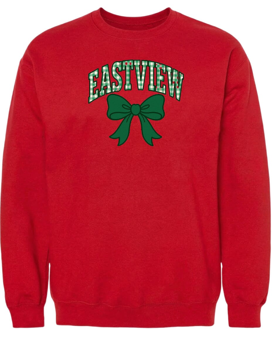 A red sweatshirt with a green bow and the word "EASTVIEW" printed on it.