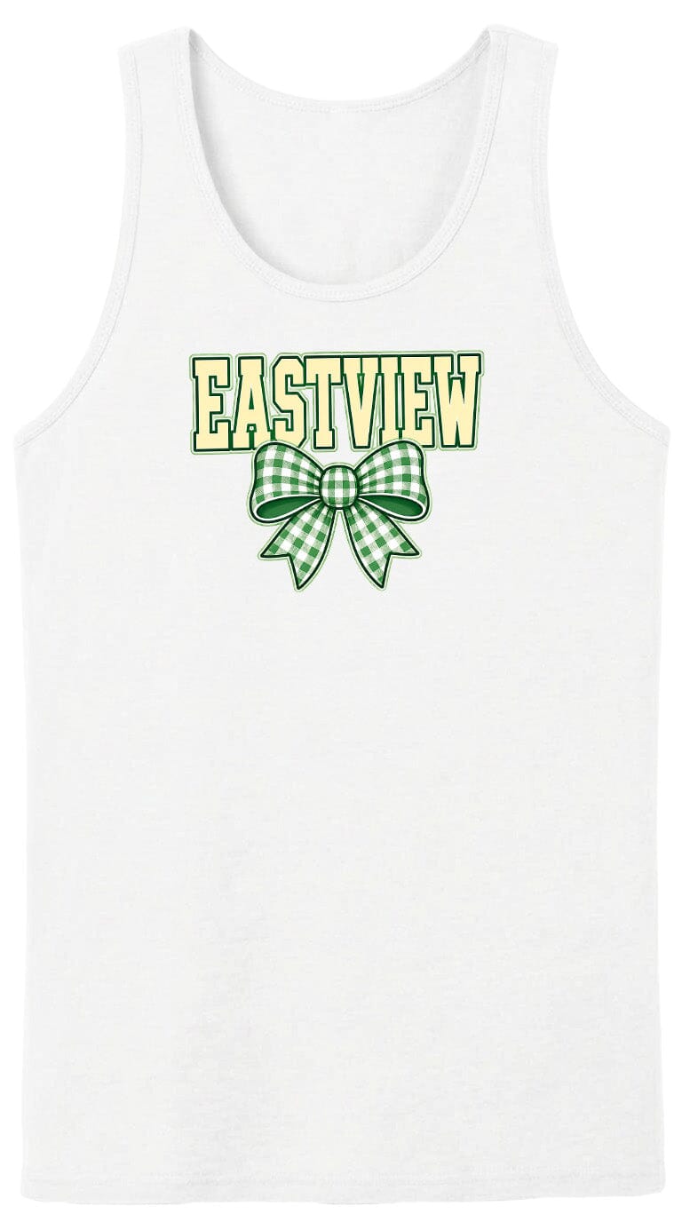 A white tank top with the text "EASTVIEW" and a green and white plaid bow graphic printed on it.