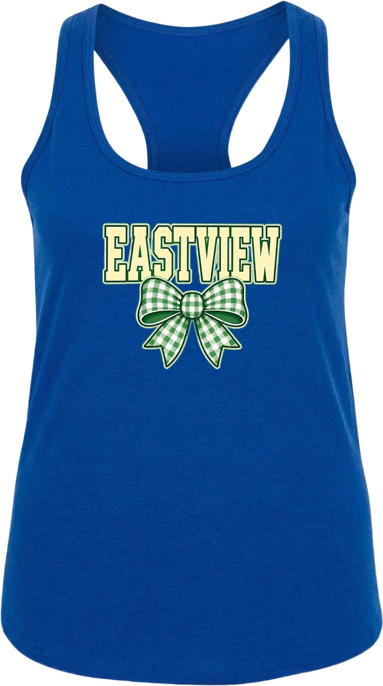 A blue tank top with the word "EASTVIEW" and a green bow printed on it.