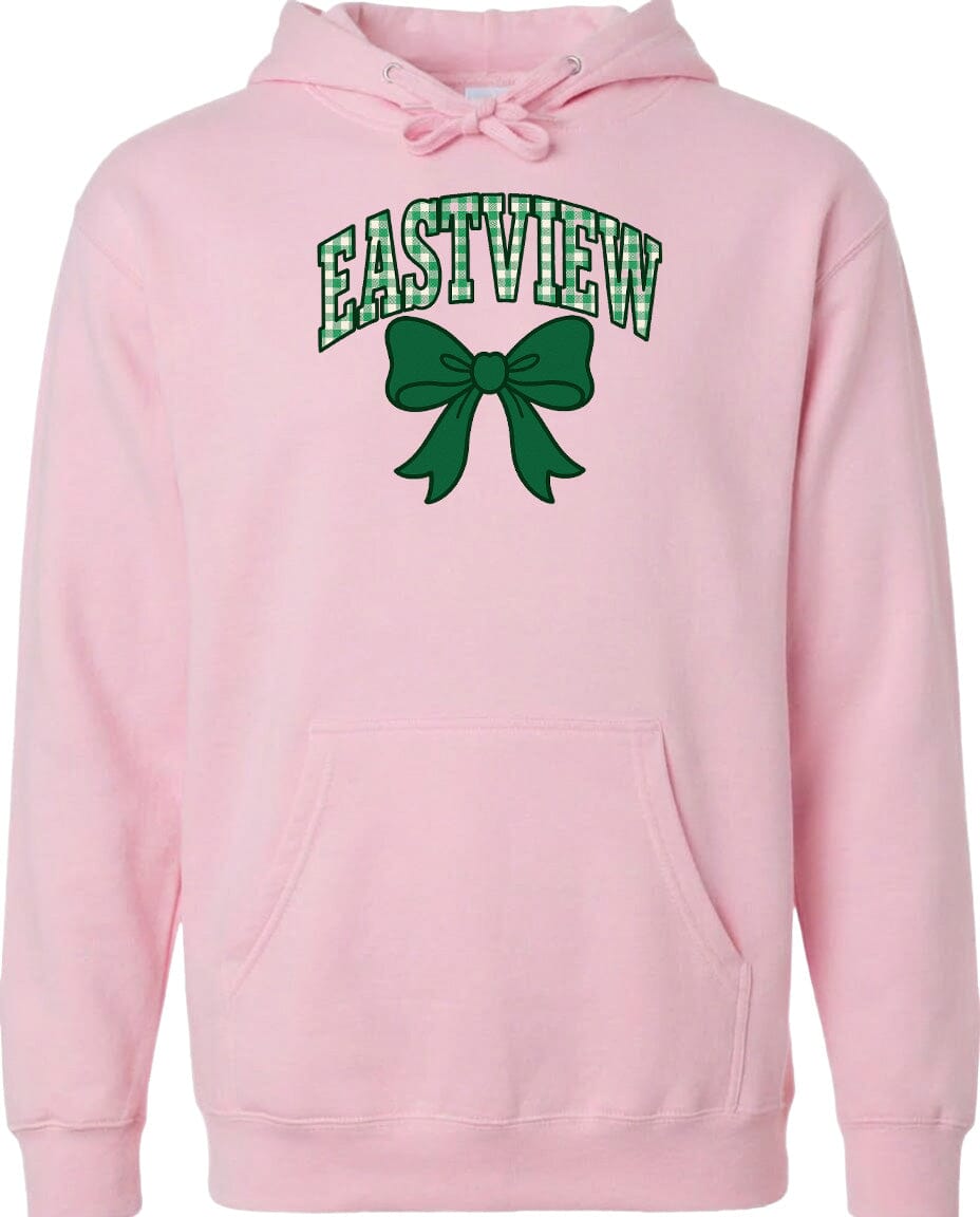 A pink hoodie with a green bow and the word "EASTVIEW" printed on it.