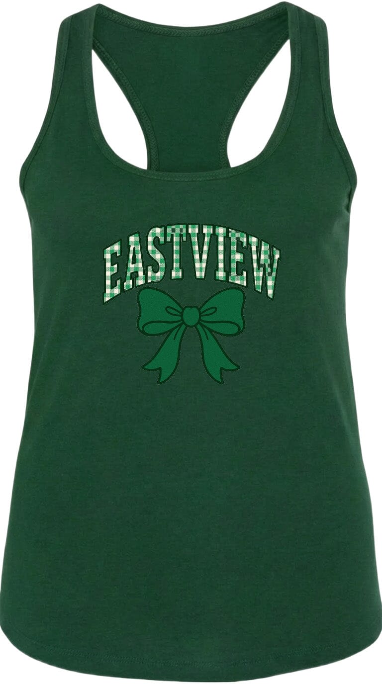 A green tank top with the text "EASTVIEW" and a bow graphic printed on it.