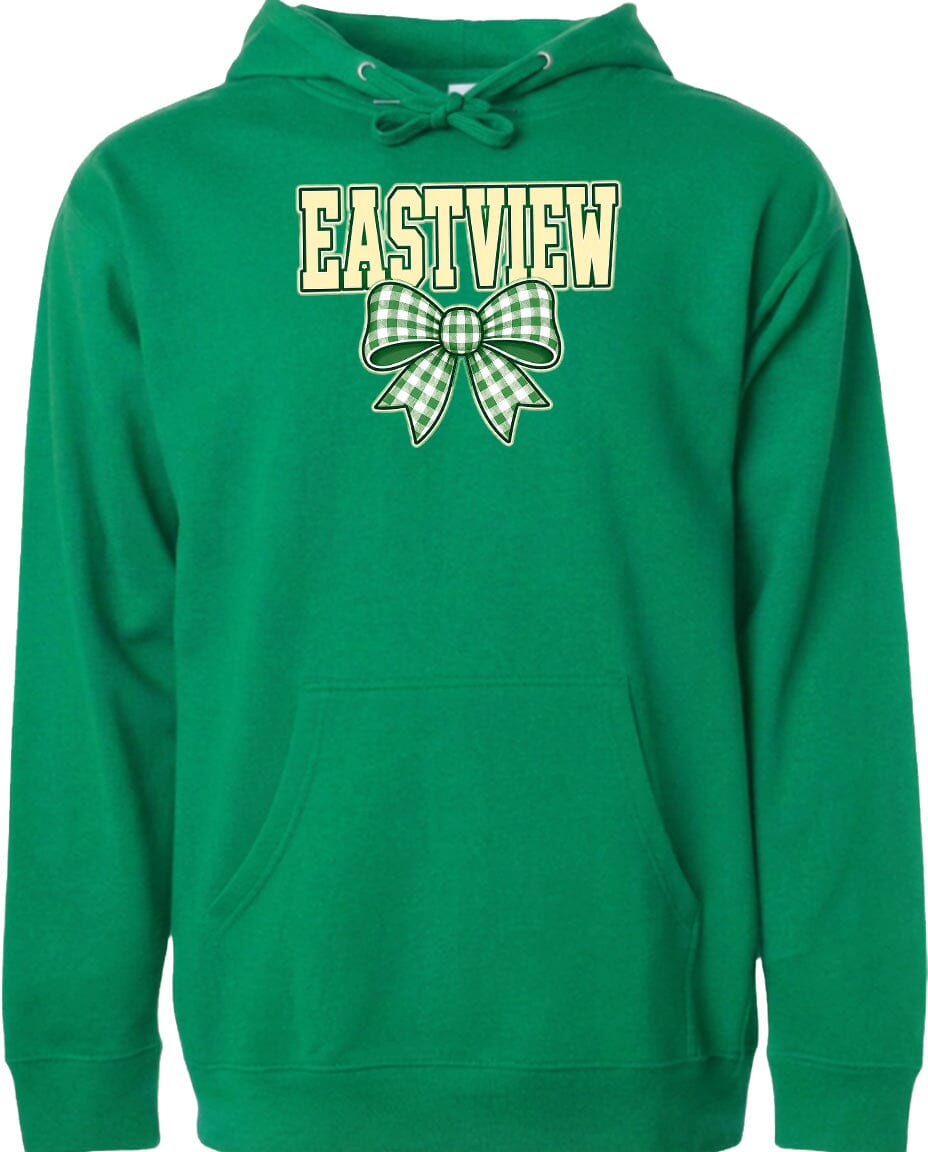 A bright green hoodie with a bow and the word "EASTVIEW" printed on it.