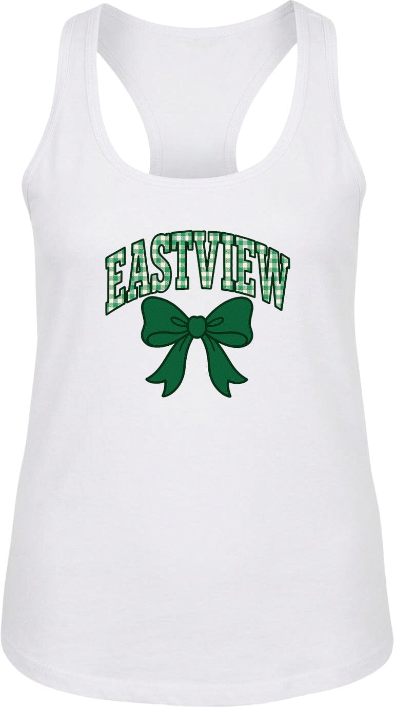 A white tank top with the text "EASTVIEW" and a green bow graphic printed on it.