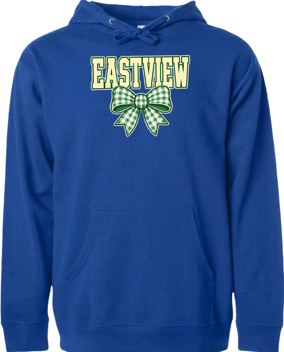 A blue hoodie with a green and white bow on the front.
