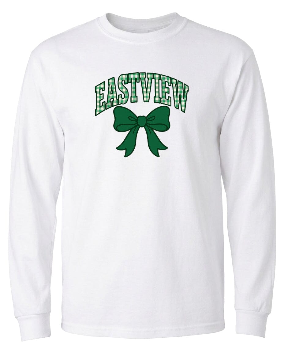 A white long-sleeved t-shirt with a green bow and the word "EASTVIEW" printed on it.
