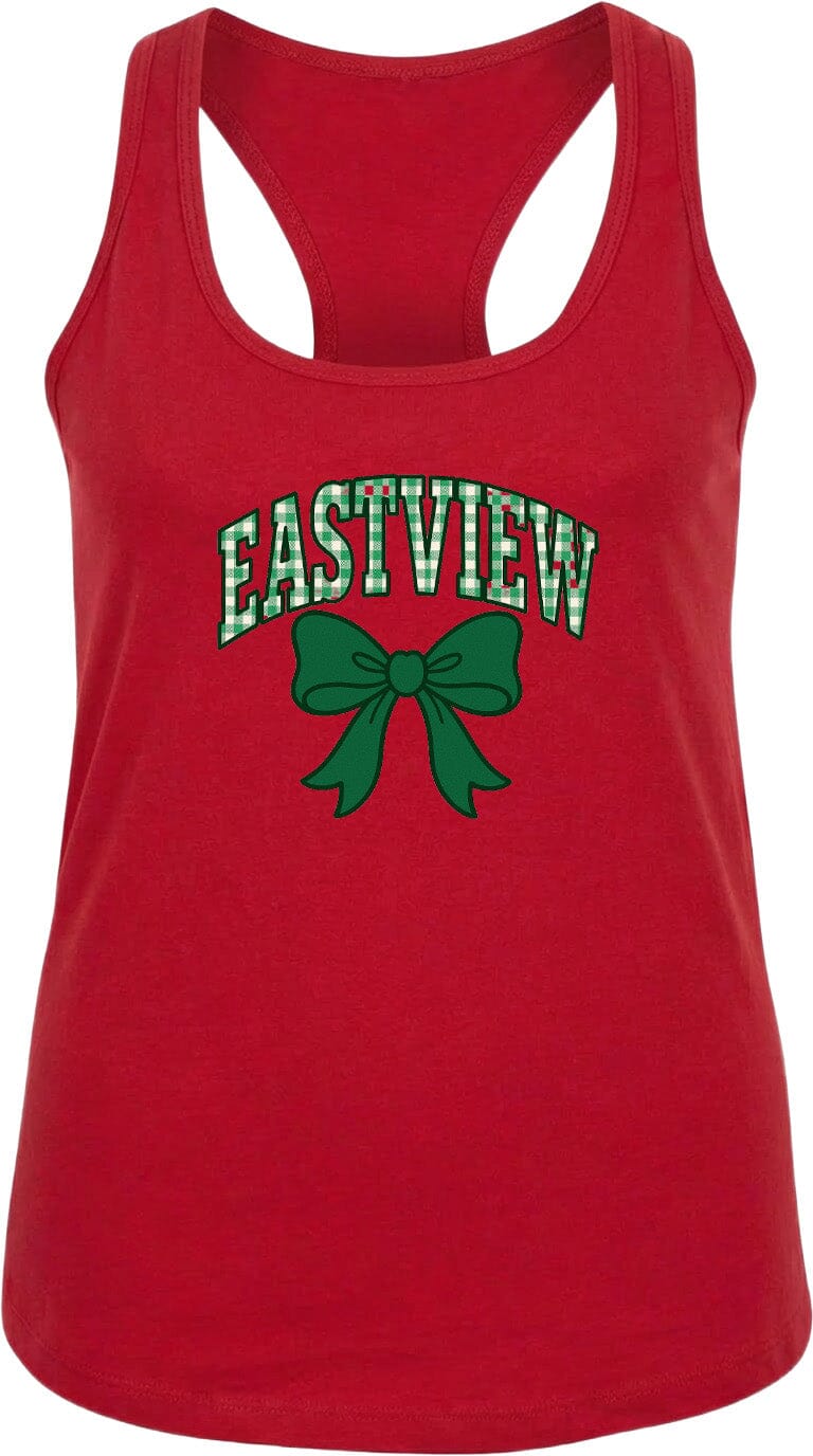 A red tank top with the text "EASTVIEW" and a green bow graphic printed on it.