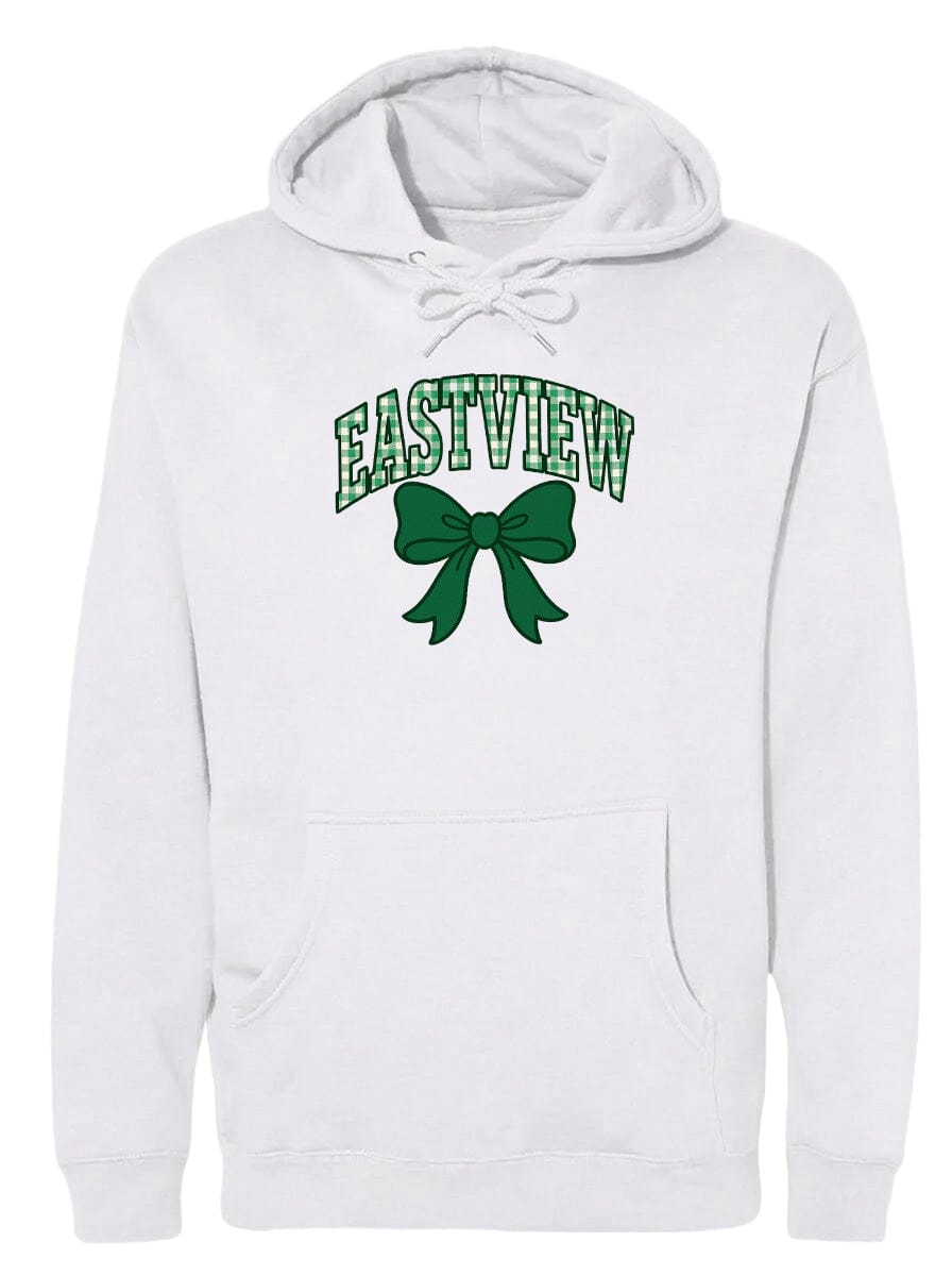 A white hoodie with a green bow and the word "EASTVIEW" printed on it.
