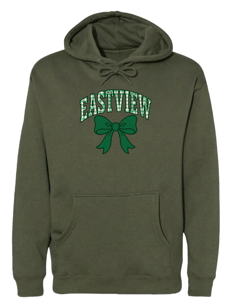 A dark green hoodie with a green bow and the word "EASTVIEW" printed on it.
