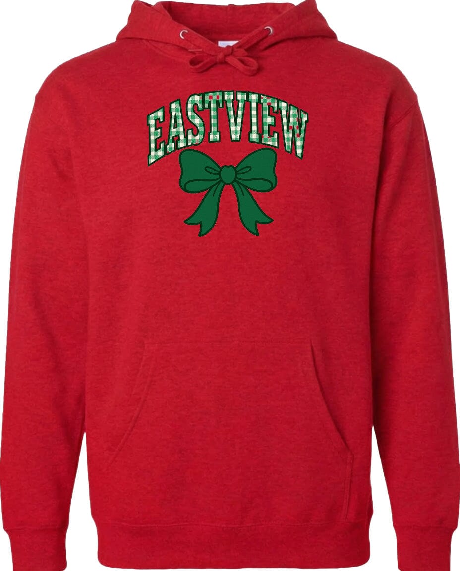 A red hoodie with a green bow and the word "EASTVIEW" printed on it.