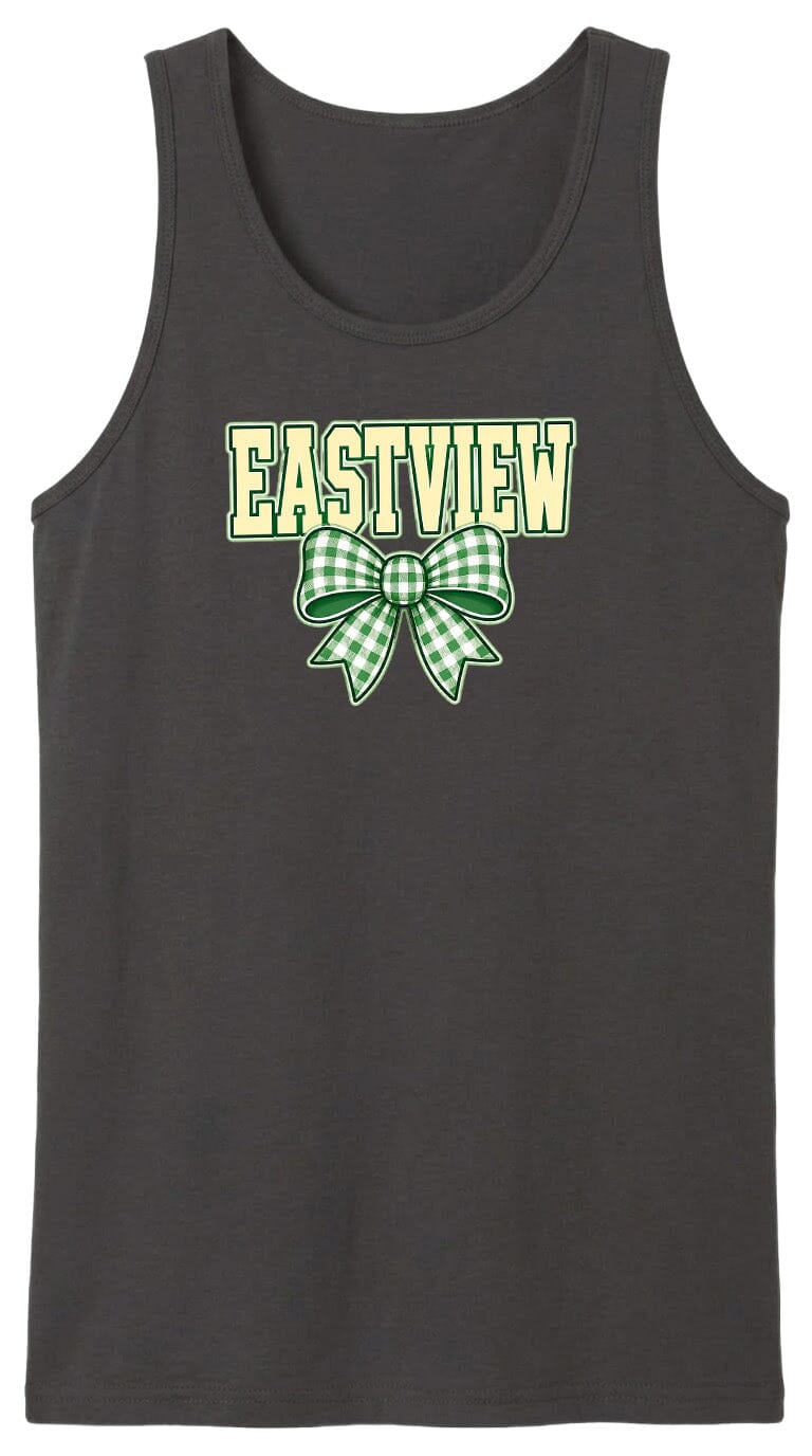A black tank top with a green and white bow graphic and the word "EASTVIEW" printed on it.