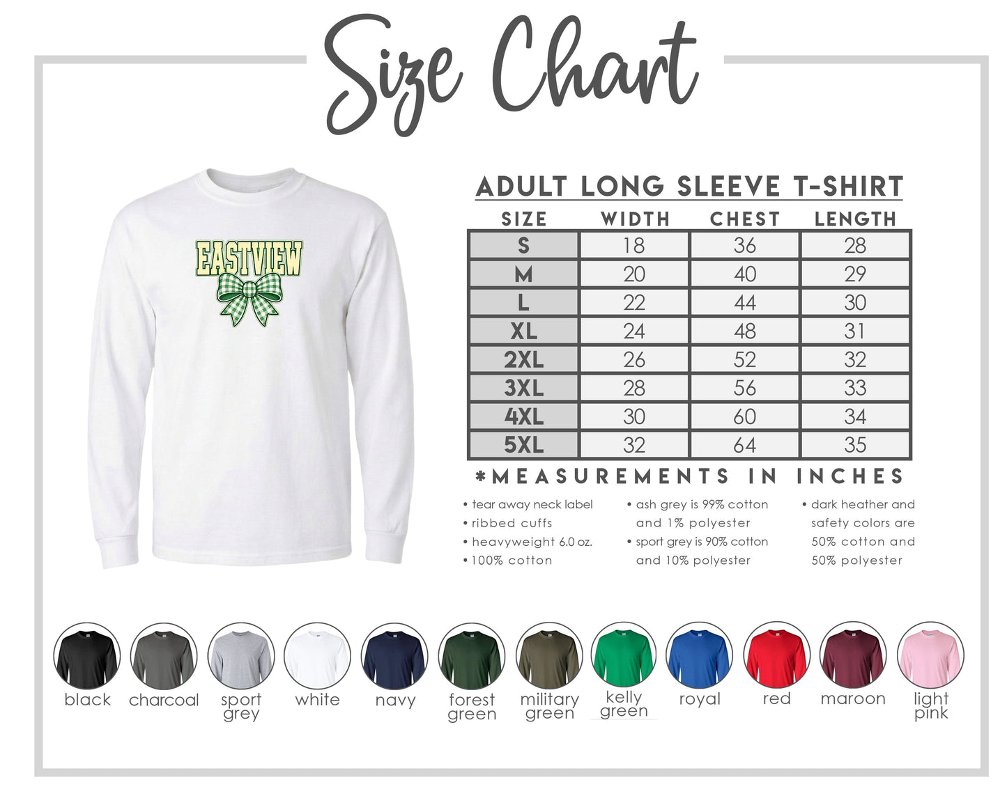 The image is a size chart for an adult long sleeve t-shirt, providing measurements and corresponding shirt colors.