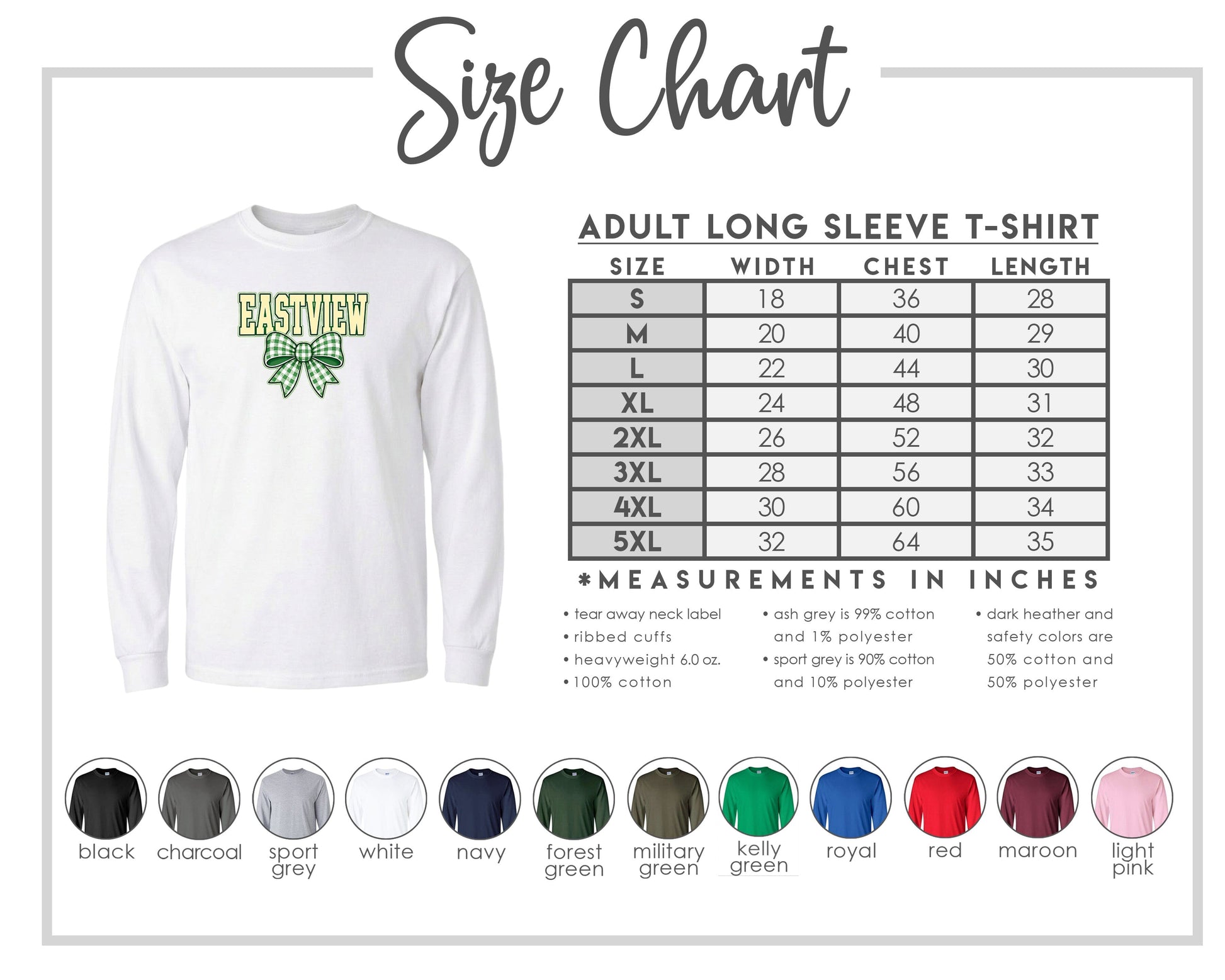 The image is a size chart for an adult long sleeve t-shirt, providing measurements and corresponding shirt colors.
