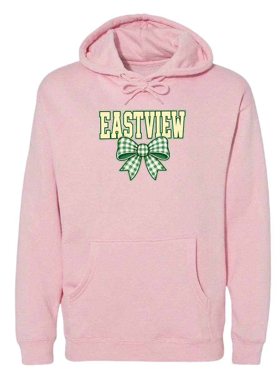 A pink hoodie with a green and white bow on the front.