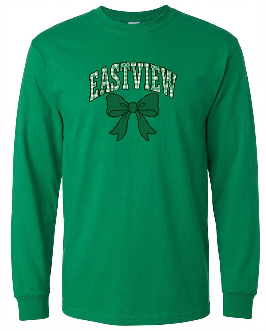 A long-sleeved green t-shirt with the text "EASTVIEW" and a bow graphic printed on it.