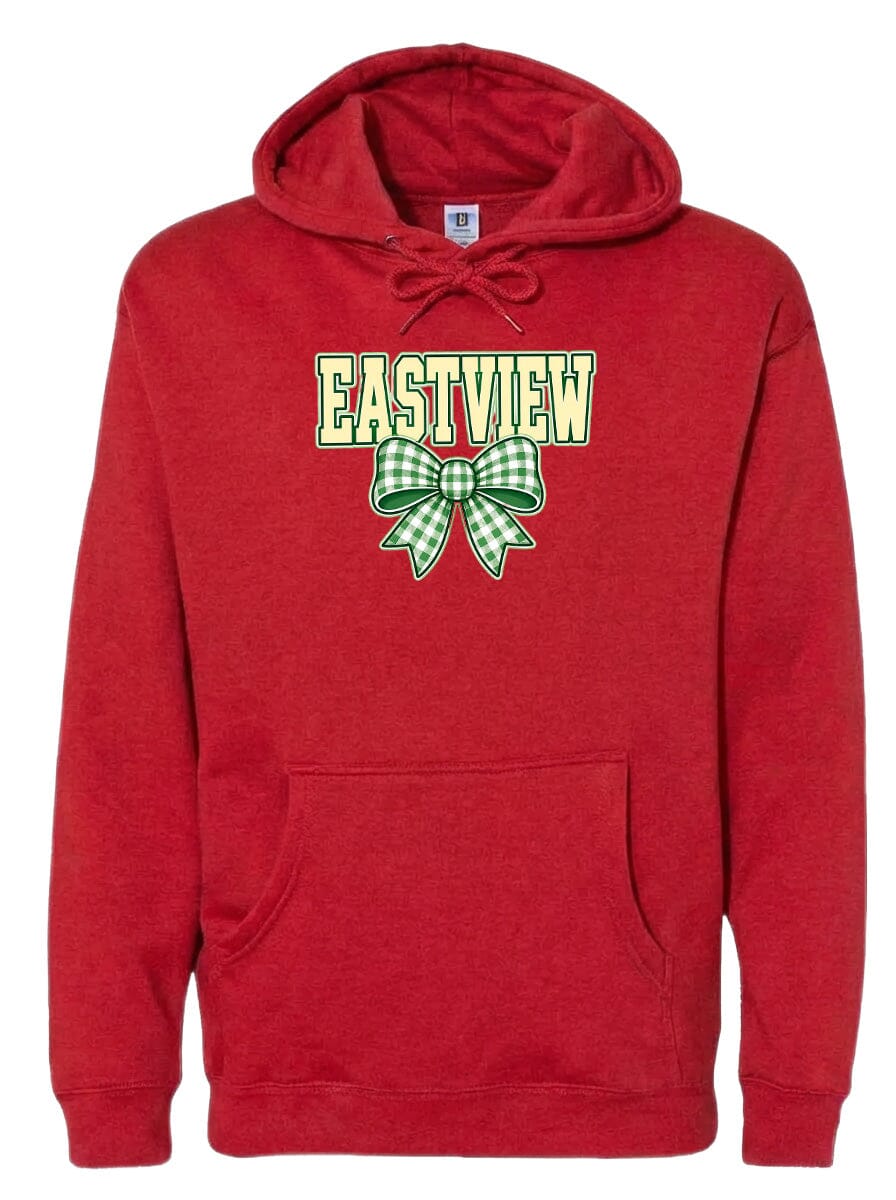 A red hoodie with a green and white bow on the front.