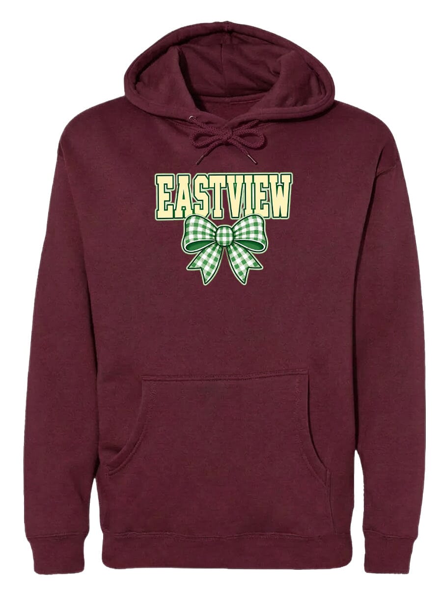 A burgundy-colored hoodie with a green and white bow on the front.