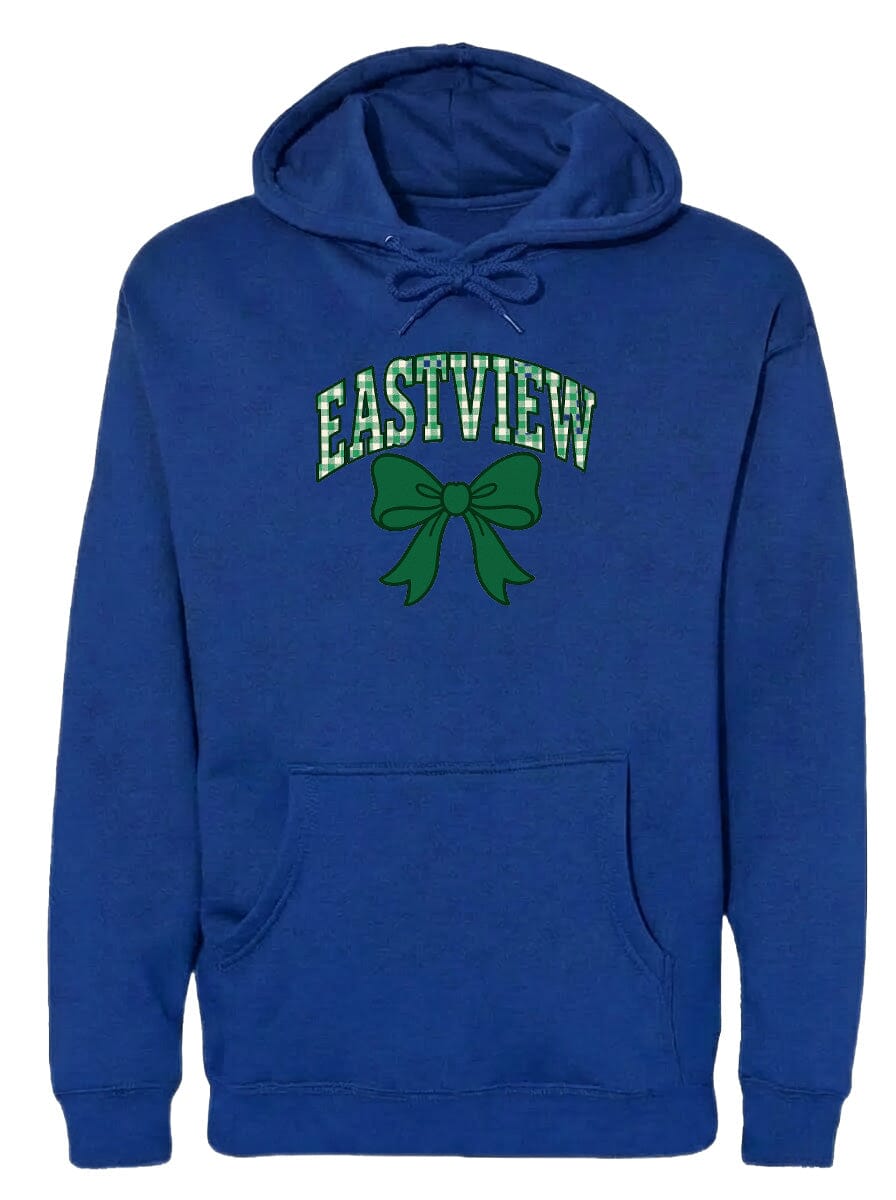 A blue hoodie with a green bow and the word "EASTVIEW" printed on it.