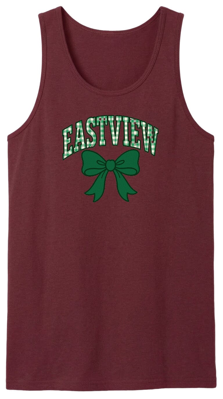 A burgundy tank top with the text "EASTVIEW" and a green bow graphic printed on it.