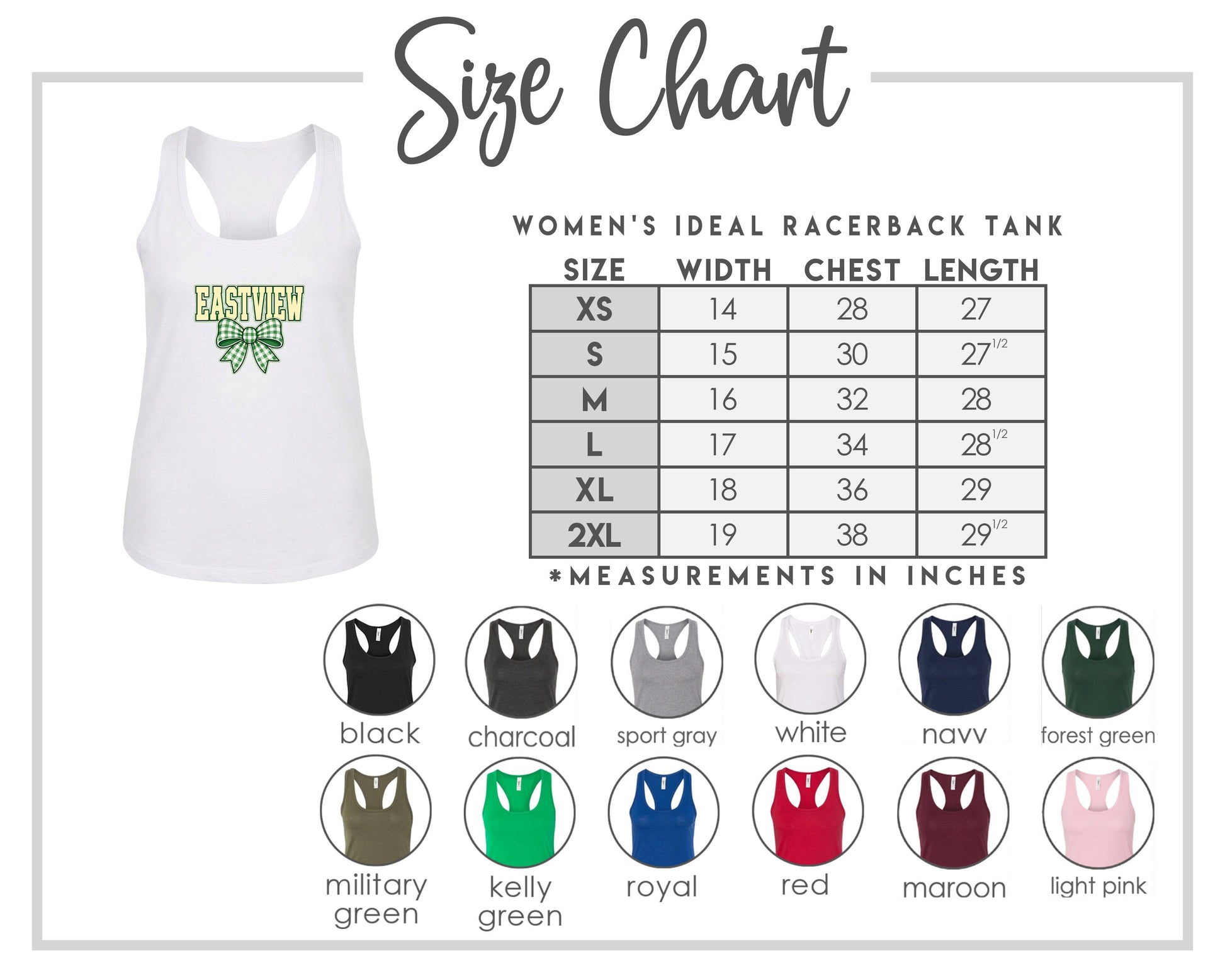 The image is a size chart for a women's ideal racerback tank, including various color options and corresponding chest length measurements.