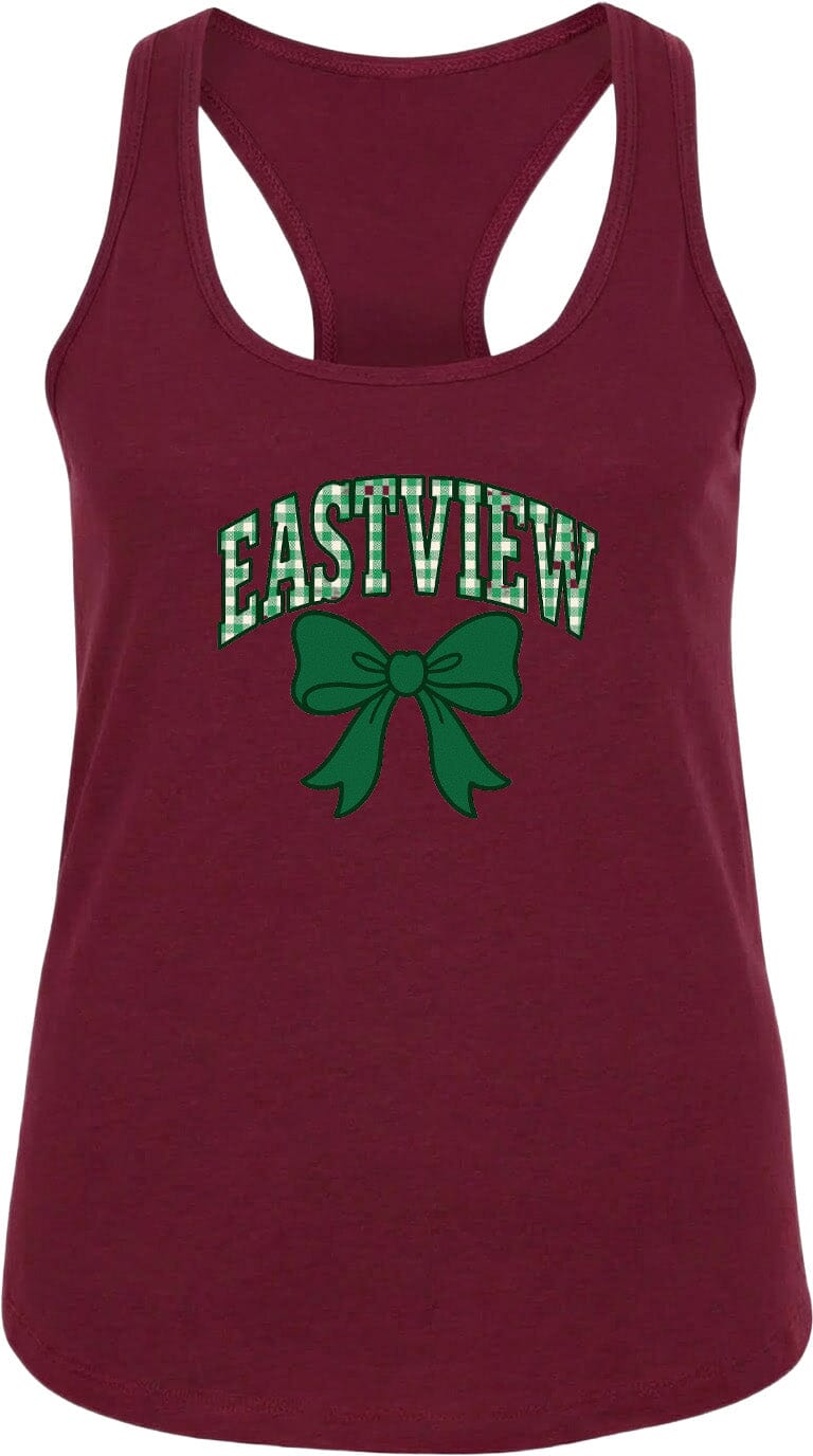 A burgundy tank top with the text "EASTVIEW" and a green bow graphic printed on it.