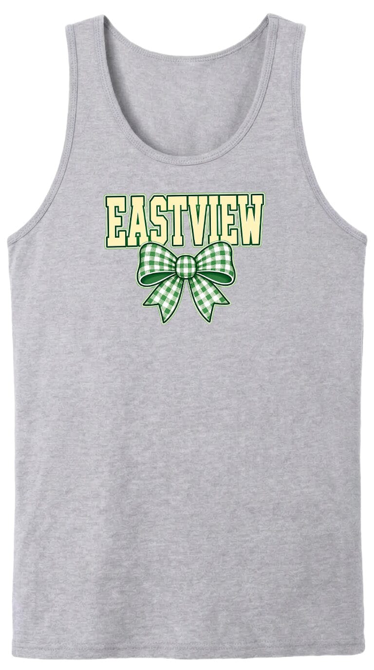 A gray tank top with the text "EASTVIEW" and a green and white plaid bow graphic printed on it.