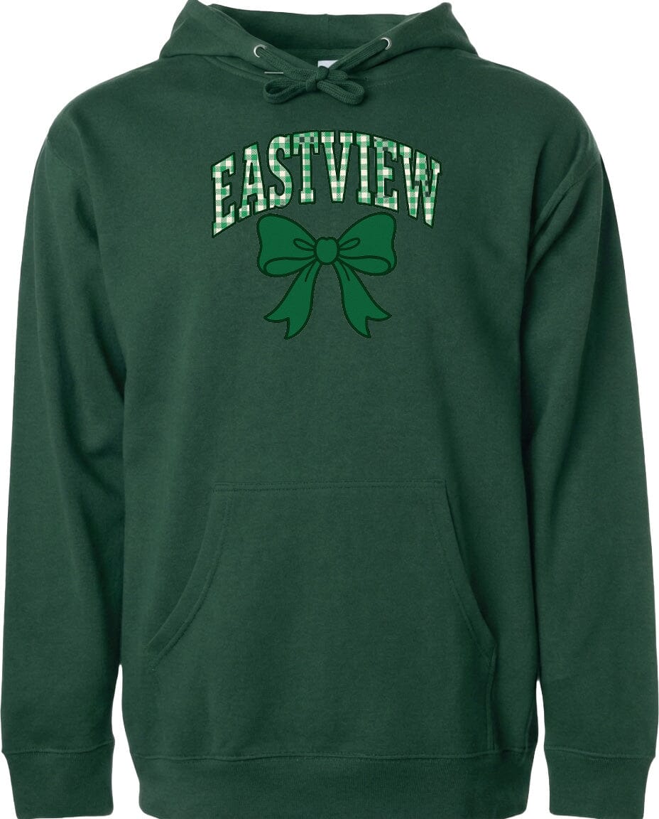 A dark green hoodie with a graphic of a green bow on the front.