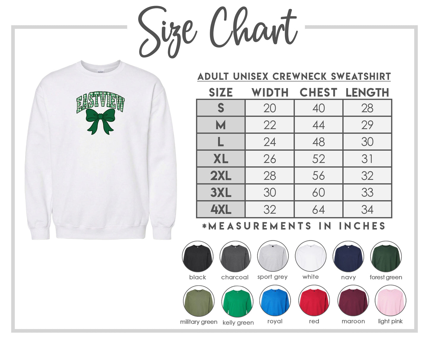 The image is a size chart for an adult unisex crewneck sweatshirt. It includes a white crewneck sweatshirt with a green bow and a table with size measurements and corresponding color options.