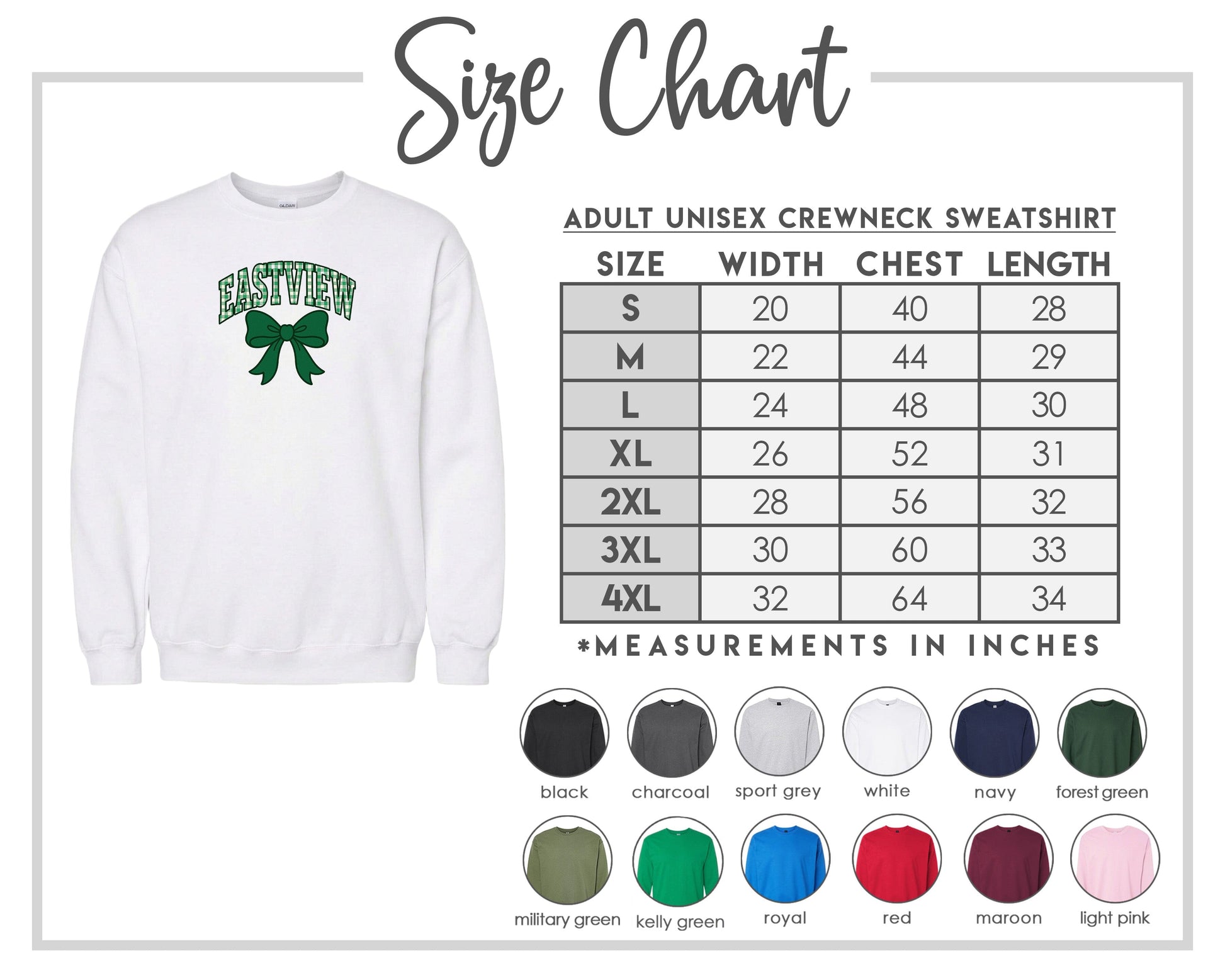 The image is a size chart for an adult unisex crewneck sweatshirt. It includes a white crewneck sweatshirt with a green bow and a table with size measurements and corresponding color options.