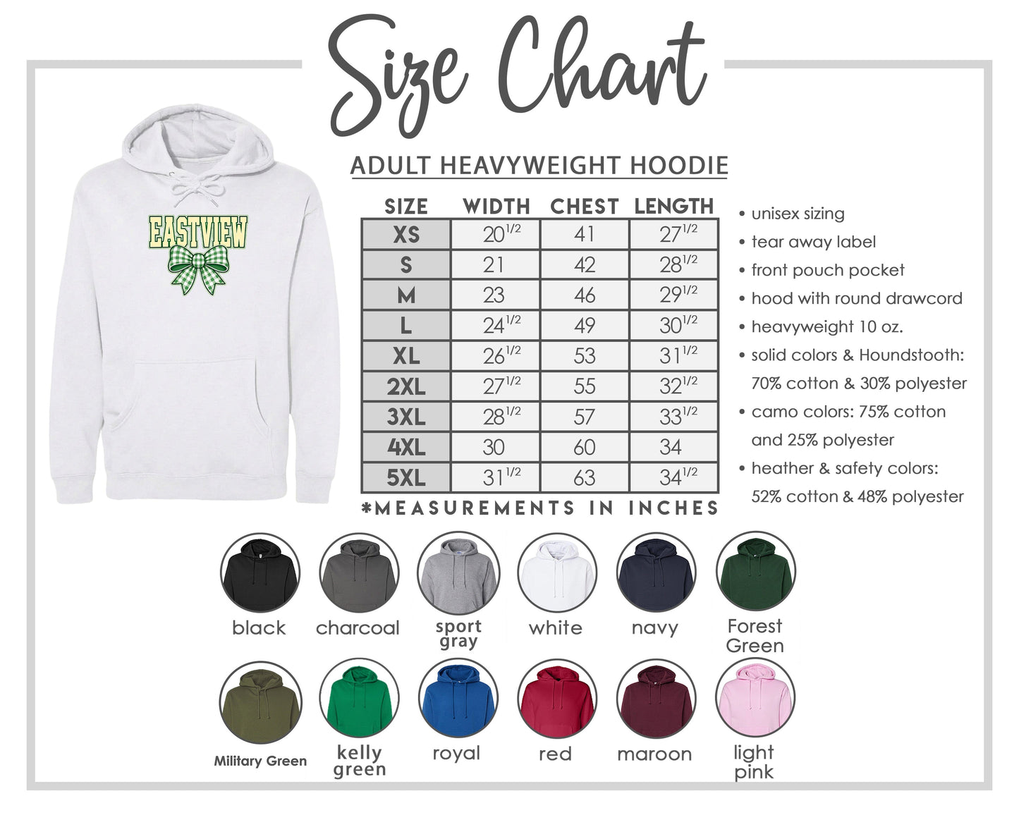 The image is a size chart for an adult heavyweight hoodie, including various color options and measurements in inches.