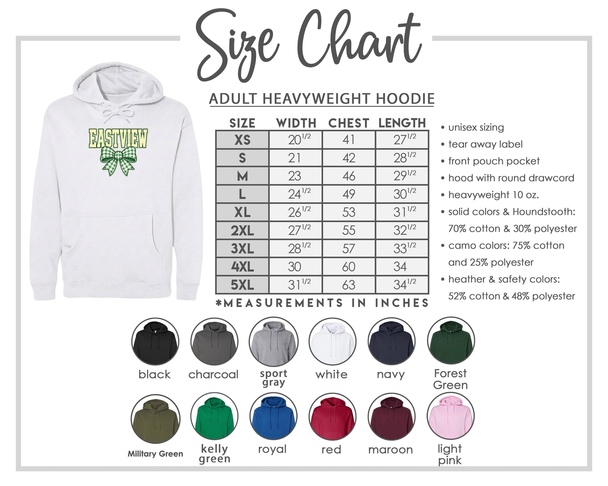 The image is a size chart for an adult heavyweight hoodie, including various color options and measurements in inches.