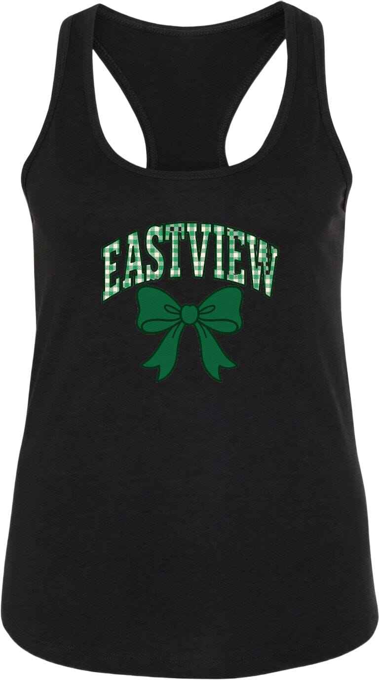 A black tank top with the text "EASTVIEW" and a green bow printed on it.