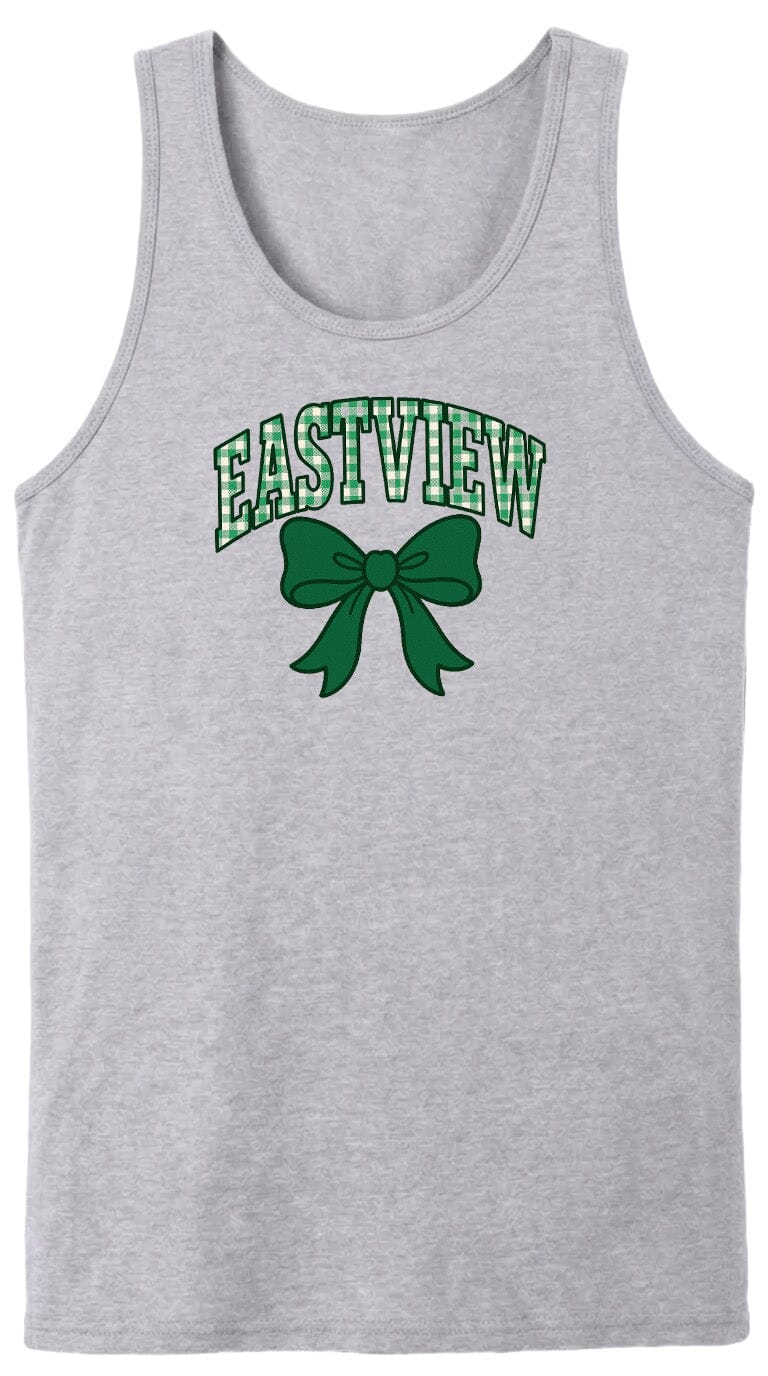 A gray tank top with a green bow and the text "EASTVIEW" printed on it.