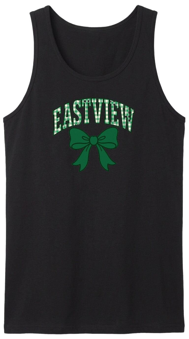 A black tank top with the text "EASTVIEW" and a green bow printed on it.
