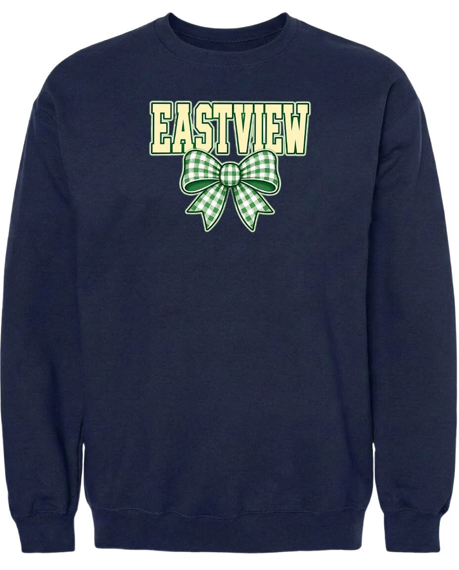 A navy blue sweatshirt with a green and white checkered bow and the word "EASTVIEW" printed on it.